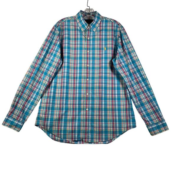 Ralph Lauren Shirt Mens Size M Blue Rainbow Plaid Button Down Long Sleeve Cotton - Picture 1 of 8